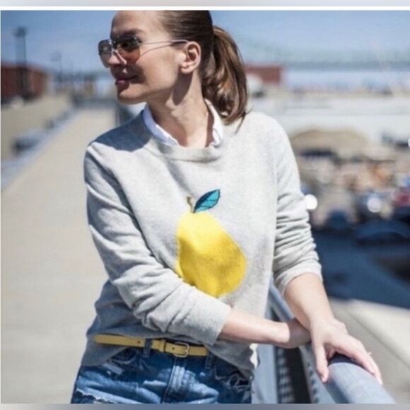 J Crew Pear Sweater Gray Yellow Fruit Intarsia Knitwear Jumper Pullover XS - Picture 2 of 7